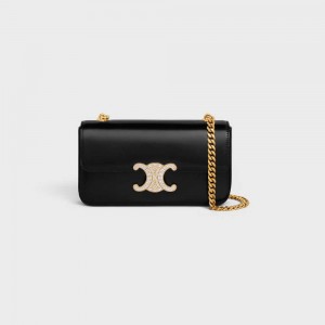 Celine CHAIN SHOULDER BAG with strass closure in shiny calfskin Triomphe Black | CL-593231