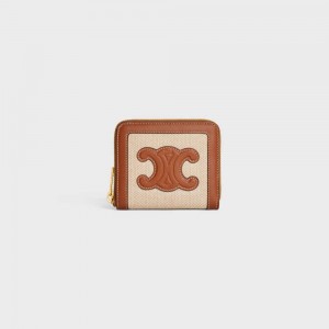 Celine COMPACT ZIPPED CUIR TRIOMPHE in Textile and calfskin Wallets Natural / Tan | CL-592997