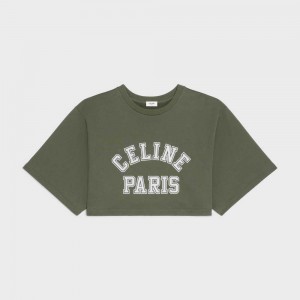 Celine Cropped in Cotton fleece T-shirts KAKI MILITAIRE/OFF WHITE | CL-592790