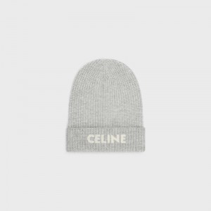 Celine EMBROIDERED BEANIE IN RIBBED FELTED WOOL Hat Light Grey | CL-591717