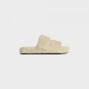 Celine FUR SLIDES TRIOMPHE OPEN SLIDES in Shearling Loafers Beige/Nude | CL-592538