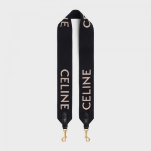 Celine Long Strap in Wool with jacquard Leather Goods Accessories Black / white | CL-592907