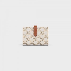 Celine Medium strap in Triomphe Canvas and Lambskin Wallets White/Tan | CL-592993