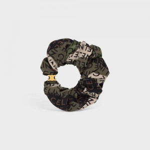 Celine Scrunchy Camouflage in Brass with Gold Finish and Khaki Silk Hair Accessories Gold / Khaki | CL-592326