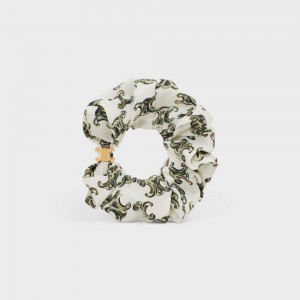 Celine Scrunchy Triomphe Camo in Brass with Gold Finish and Silk Hair Accessories Gold / Craie | CL-592327