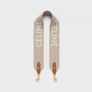 Celine Short Strap in Wool with jacquard with GOLD FINISHING Leather Goods Accessories Beige/White | CL-592915