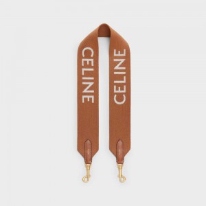 Celine Short Strap in Wool with jacquard Leather Goods Accessories Tan/White | CL-592914