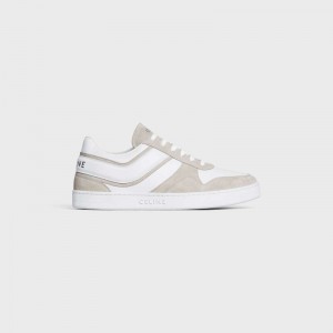 Celine TRAINER LOW LACE-UP in SUEDE CALFSKIN AND CALFSKIN Sneakers Light Beige/Optic White | CL-591902