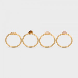 Celine Triomphe Indie Set of 4 Rings in Brass with Gold Finish, Rutilated Quartz, Pink Quartz and Tiger Eye Rings Gold & Multicolour | CL-592181