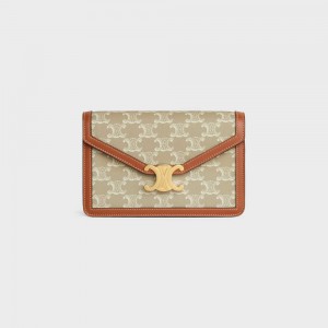 Celine WALLET ON CHAIN TRIOMPHE in TRIOMPHE CANVAS AND CALFSKIN Mini Bags Grege | CL-593026