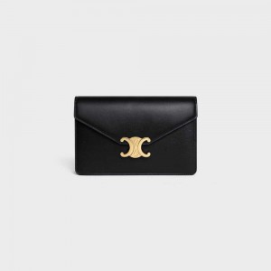 Celine Wallet on Chain TRIOMPHE in Shiny calfskin Mini Bags Black | CL-593021