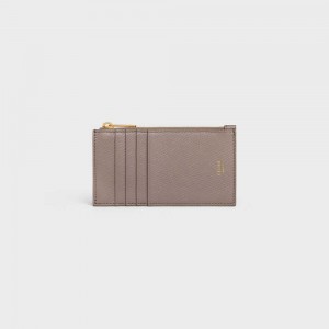 Celine ZIPPED COMPACT ESSENTIALS Grained Calfskin Card Holders Pebble | CL-592963