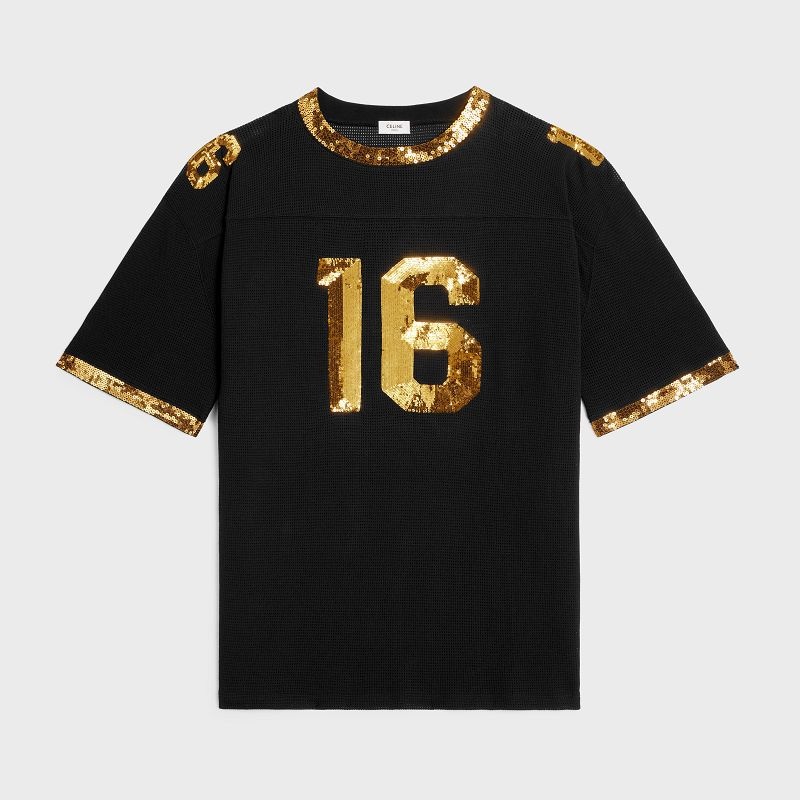 Celine 16 embroidered in jersey mesh T-shirts Black / Gold | CL-592124