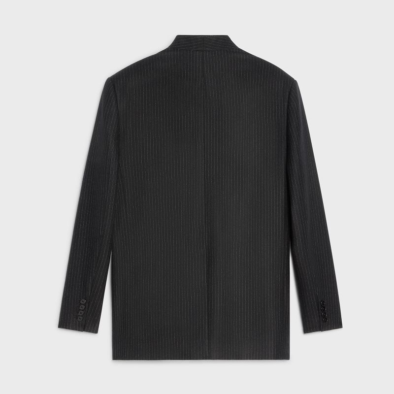 Celine BOXY IN STRIPED FLANNEL Jackets NOIR/CRAIE | CL-591997