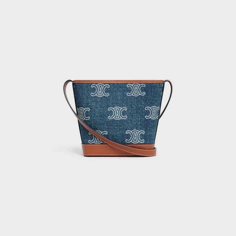 Celine BUCKET CUIR TRIOMPHE in DENIM WITH TRIOMPHE ALL-OVER EMBROIDERY AND CALFSKIN Mini Bags Navy / Tan | CL-593041