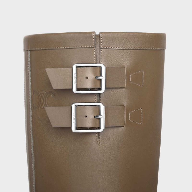 Celine BULKY BIKER HIGH in Calfskin Boots Khaki/Silver | CL-592501