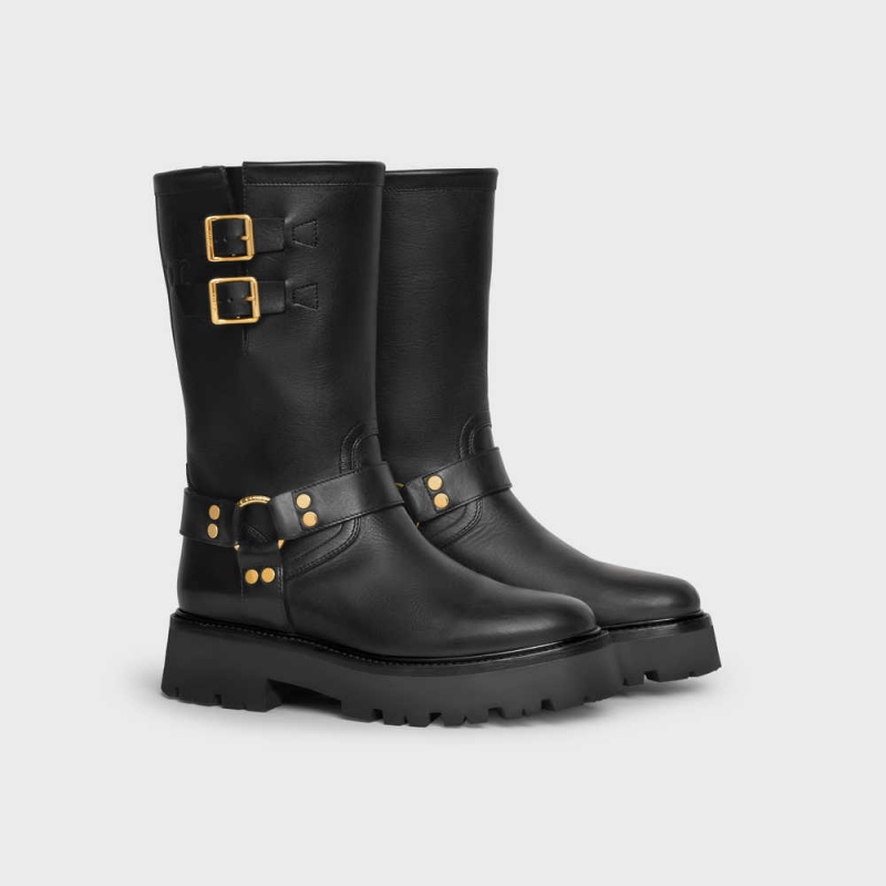 Celine BULKY MID BIKER WITH HARNESS in CALFSKIN - VEGETAL TANNING Boots Black / Gold | CL-592502