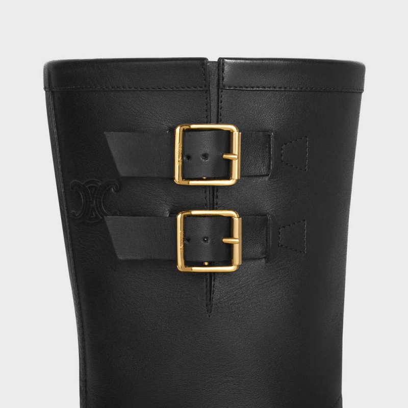 Celine BULKY MID BIKER WITH HARNESS in CALFSKIN - VEGETAL TANNING Boots Black / Gold | CL-592502