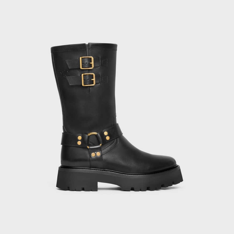 Celine BULKY MID BIKER WITH HARNESS in CALFSKIN - VEGETAL TANNING Boots Black / Gold | CL-592502