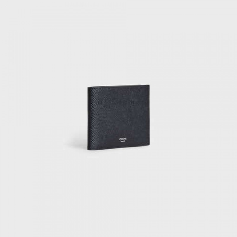 Celine Bi-fold with Coin Compartment in grained calfskin Wallets Black | CL-591787