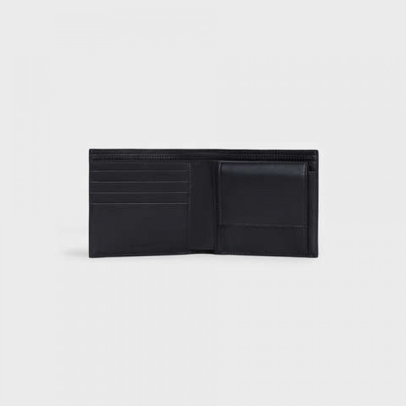 Celine Bi-fold with Coin Compartment in grained calfskin Wallets Black | CL-591787