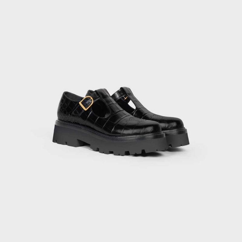 Celine Bulky triomphe perforated babies in CROCODILE STAMPED CALFSKIN Loafers Black | CL-592532