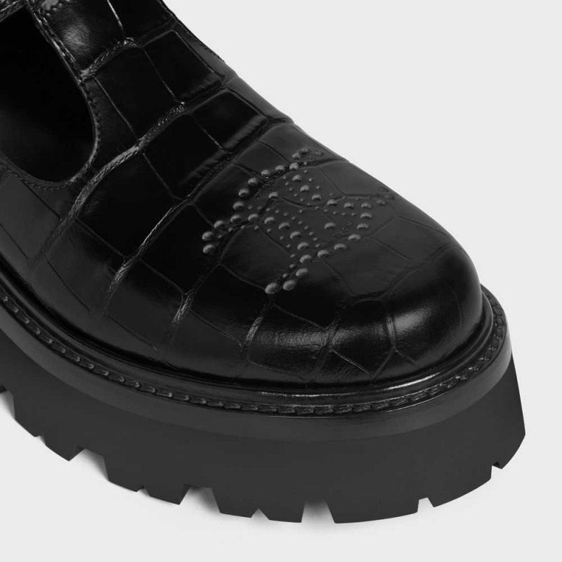 Celine Bulky triomphe perforated babies in CROCODILE STAMPED CALFSKIN Loafers Black | CL-592532