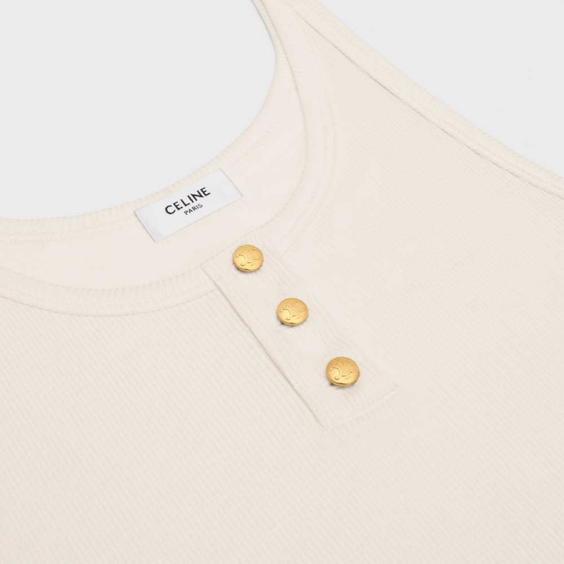 Celine Buttoned tank in ribbed silk jersey Tops Off White | CL-592839