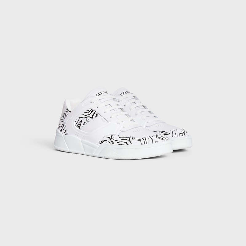 Celine C07 TRAINER LOW LACE-UP in CALFSKIN & ZEBRA STAMPED CALFSKIN Sneakers Optic White / Black | CL-591899