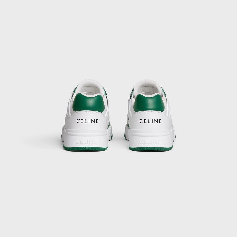 Celine C07 TRAINER LOW LACE-UP in CALFSKIN Sneakers Optic White/Dark Green | CL-591898