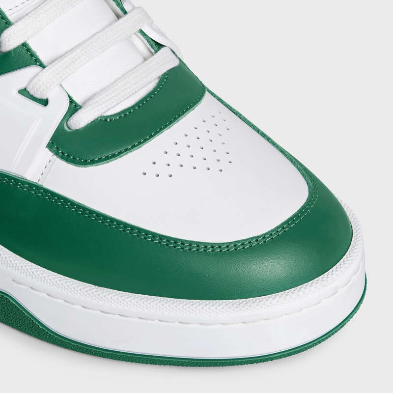 Celine C07 TRAINER LOW LACE-UP in CALFSKIN Sneakers Optic White/Dark Green | CL-591898