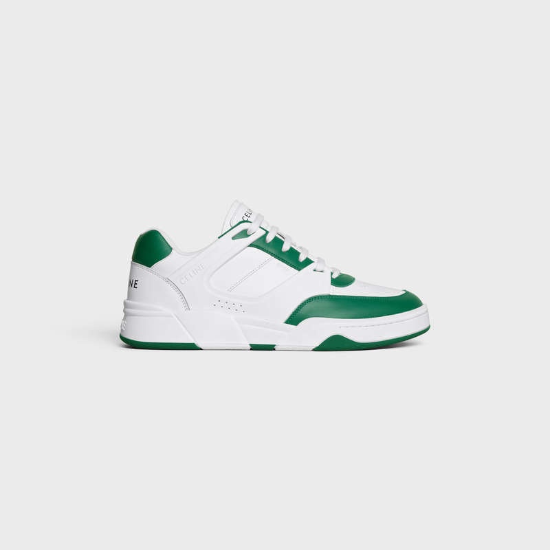 Celine C07 TRAINER LOW LACE-UP in CALFSKIN Sneakers Optic White/Dark Green | CL-591898