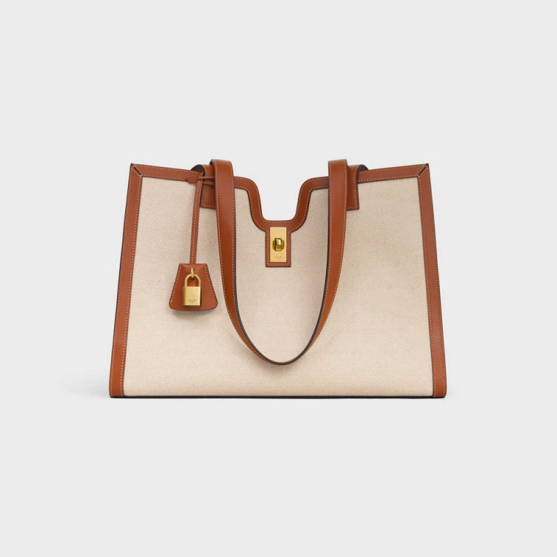 Celine CABAS in TEXTILE AND CALFSKIN 16 Natural / Tan | CL-593253