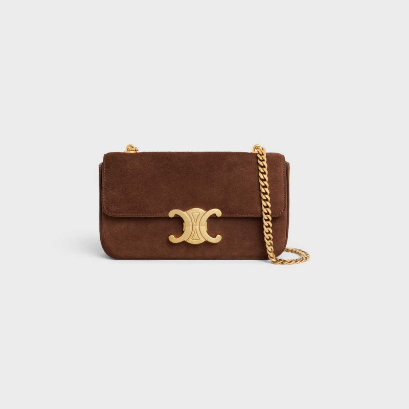 Celine CHAIN SHOULDER BAG in SUEDE CALFSKIN Triomphe Brown | CL-593229