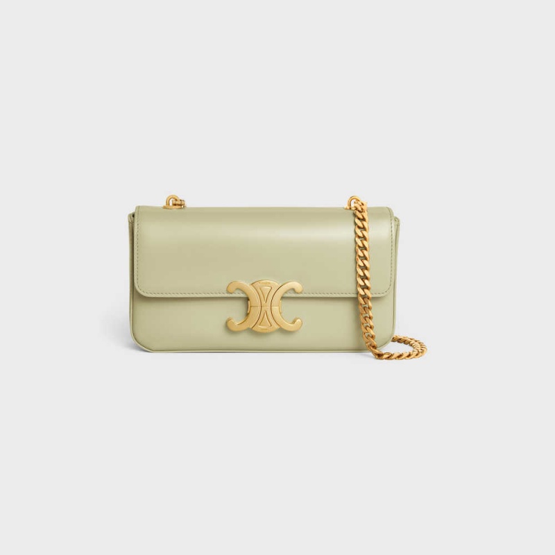 Celine CHAIN SHOULDER BAG in shiny calfskin Triomphe ALMOND GREEN | CL-593228