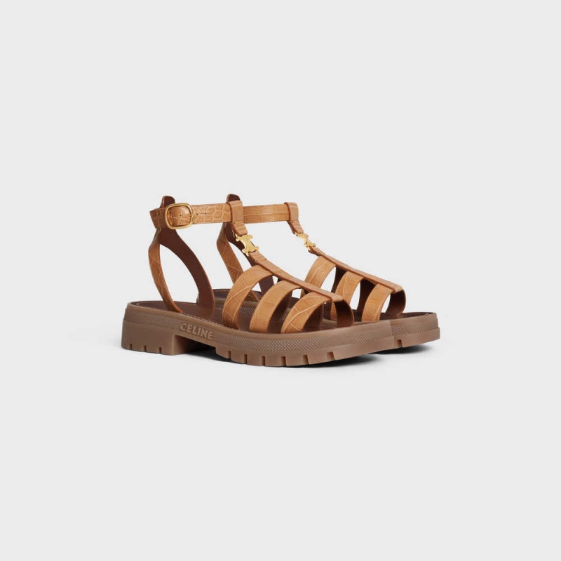 Celine CLEA TRIOMPHE GLADIATOR CHUNKY in CROCODILE STAMPED CALFSKIN Sandals Light Caramel | CL-592575