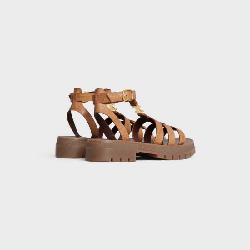 Celine CLEA TRIOMPHE GLADIATOR CHUNKY in CROCODILE STAMPED CALFSKIN Sandals Light Caramel | CL-592575