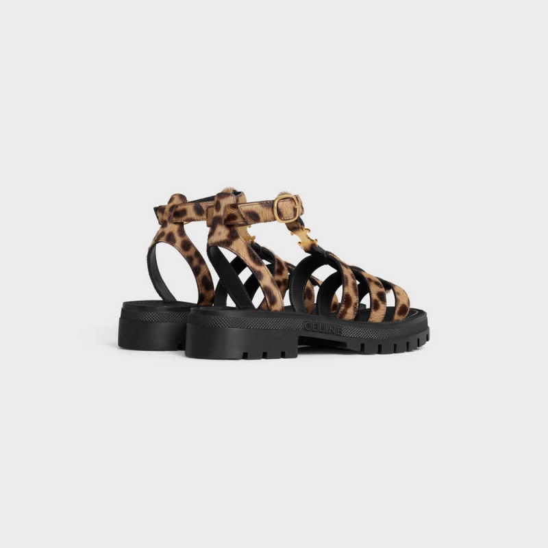 Celine CLEA TRIOMPHE GLADIATOR CHUNKY in LEOPARD PRINTED HAIRY CALFSKIN Sandals Black / Brown / Beige | CL-592573