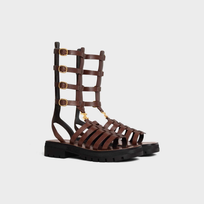 Celine CLEA TRIOMPHE GLADIATOR MID in CALFSKIN & VEGETAL TANNING Sandals Dark Brown | CL-592576