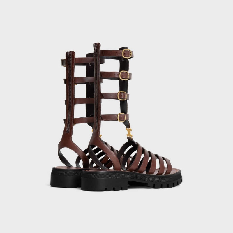 Celine CLEA TRIOMPHE GLADIATOR MID in CALFSKIN & VEGETAL TANNING Sandals Dark Brown | CL-592576