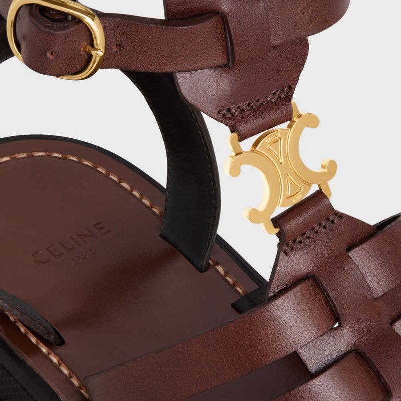 Celine CLEA TRIOMPHE GLADIATOR MID in CALFSKIN & VEGETAL TANNING Sandals Dark Brown | CL-592576