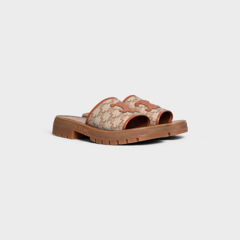 Celine CLEA TRIOMPHE SLIDE in TRIOMPHE STAMPED CANVAS & CALFSKIN Sandals Brown / Beige | CL-592569