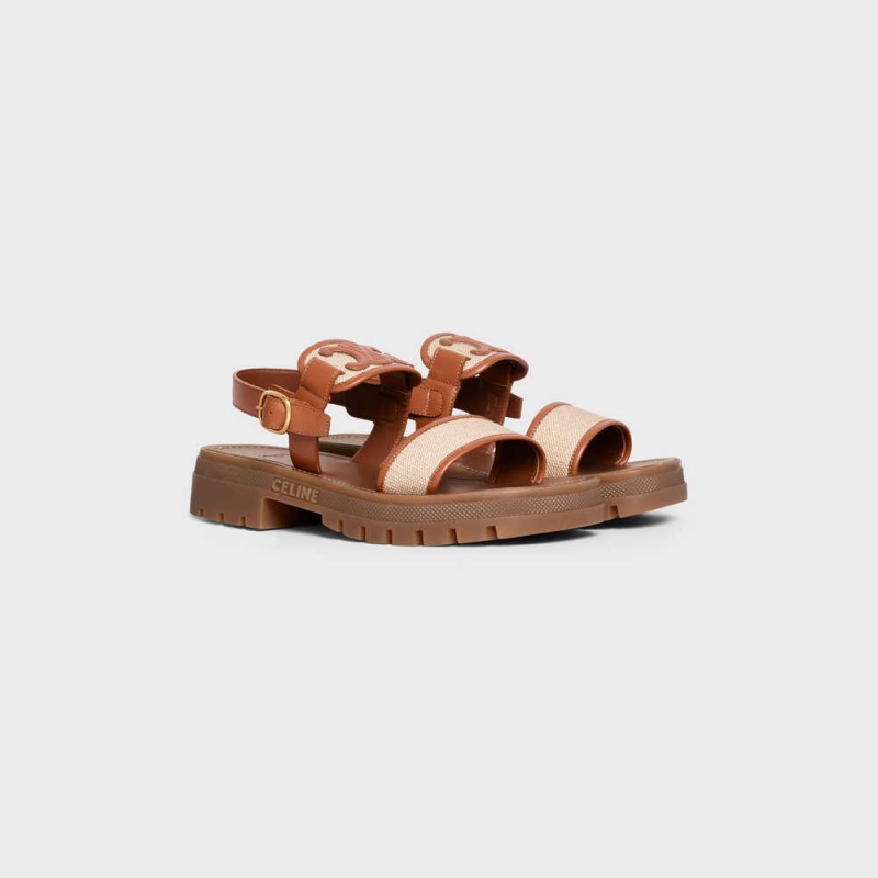 Celine CLEA TRIOMPHE in CALFSKIN - VEGETAL TANNING & CANVAS Sandals TAN/DARK BEIGE | CL-592571