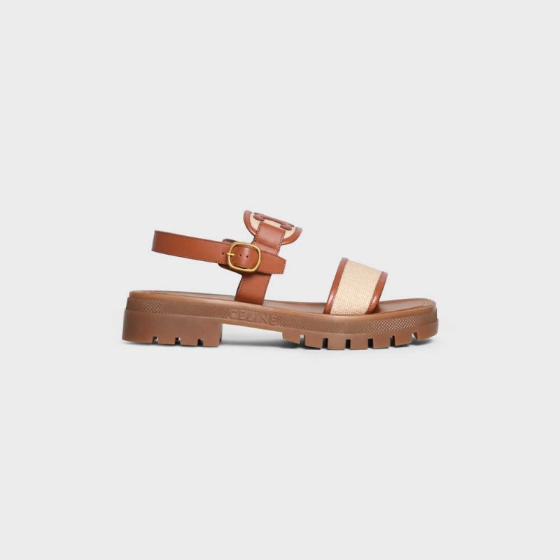 Celine CLEA TRIOMPHE in CALFSKIN - VEGETAL TANNING & CANVAS Sandals TAN/DARK BEIGE | CL-592571