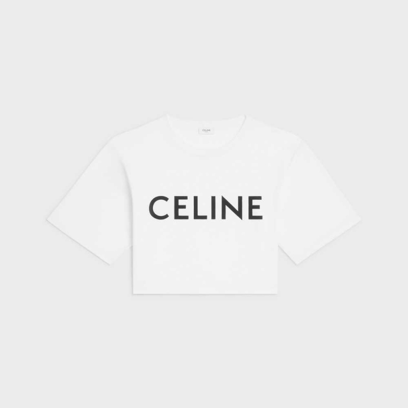 Celine CROPPED IN COTTON JERSEY T-shirts Ecru / Black | CL-592791