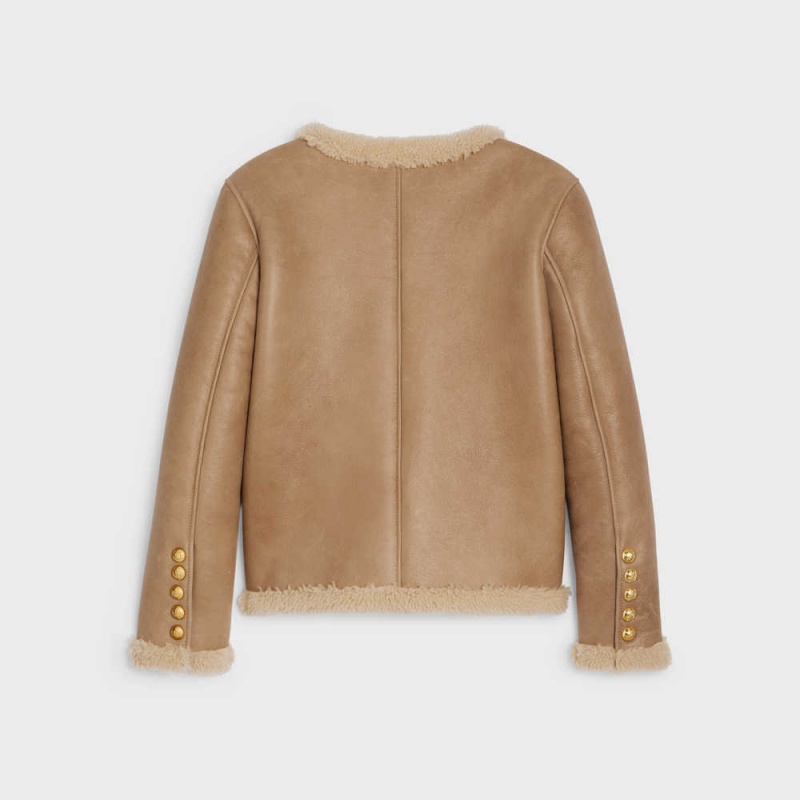 Celine Cardigan in curly shearling Leather COGNAC / CREAM | CL-592615