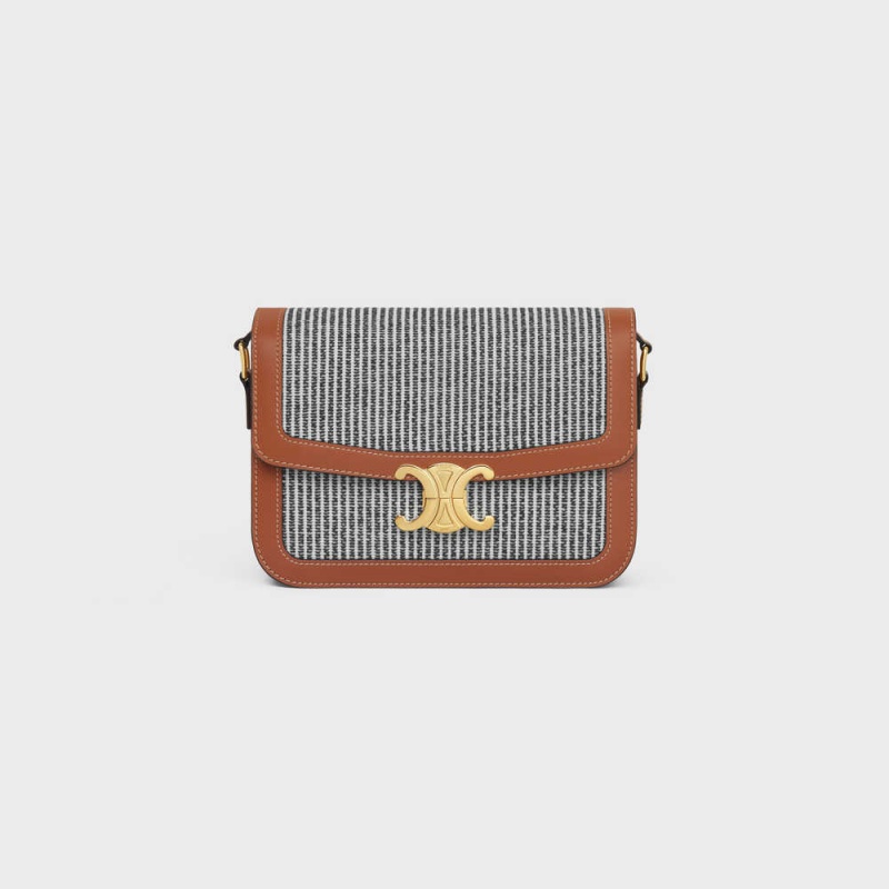 Celine Classique Bag in STRIPED TEXTILE AND CALFSKIN Triomphe Anthracite | CL-593179