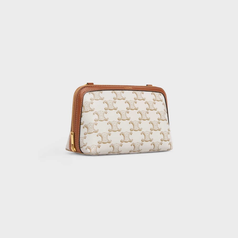 Celine Clutch with Chain in Triomphe canvas and Lambskin Mini Bags White/Tan | CL-593032