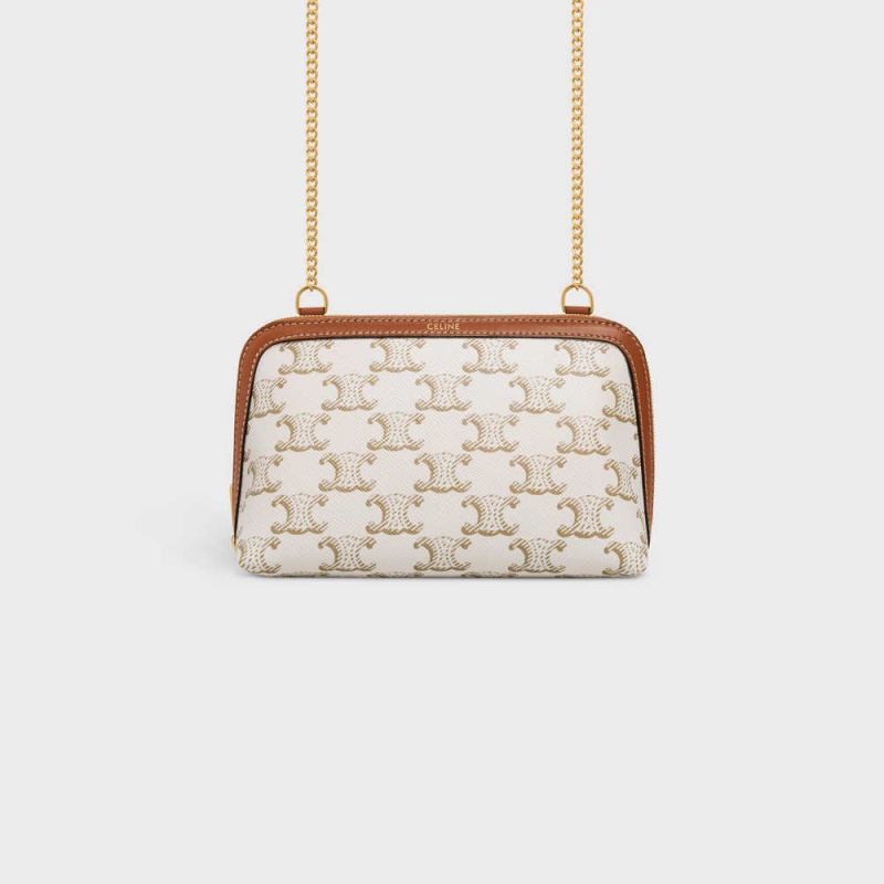 Celine Clutch with Chain in Triomphe canvas and Lambskin Mini Bags White/Tan | CL-593032