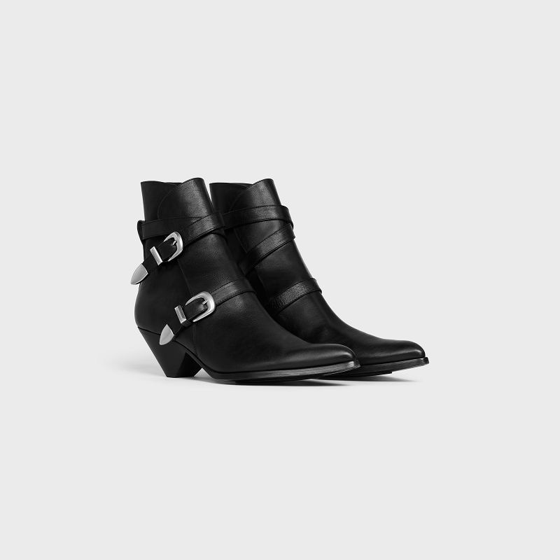 Celine DOUBLE BUCKLE ZIPPED CONIQUE in SHINY CALFSKIN Boots Black | CL-591876